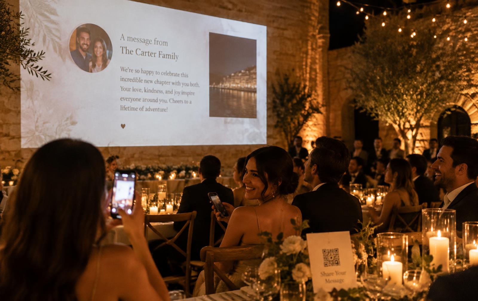 Wedding guests watching wishes on a projector